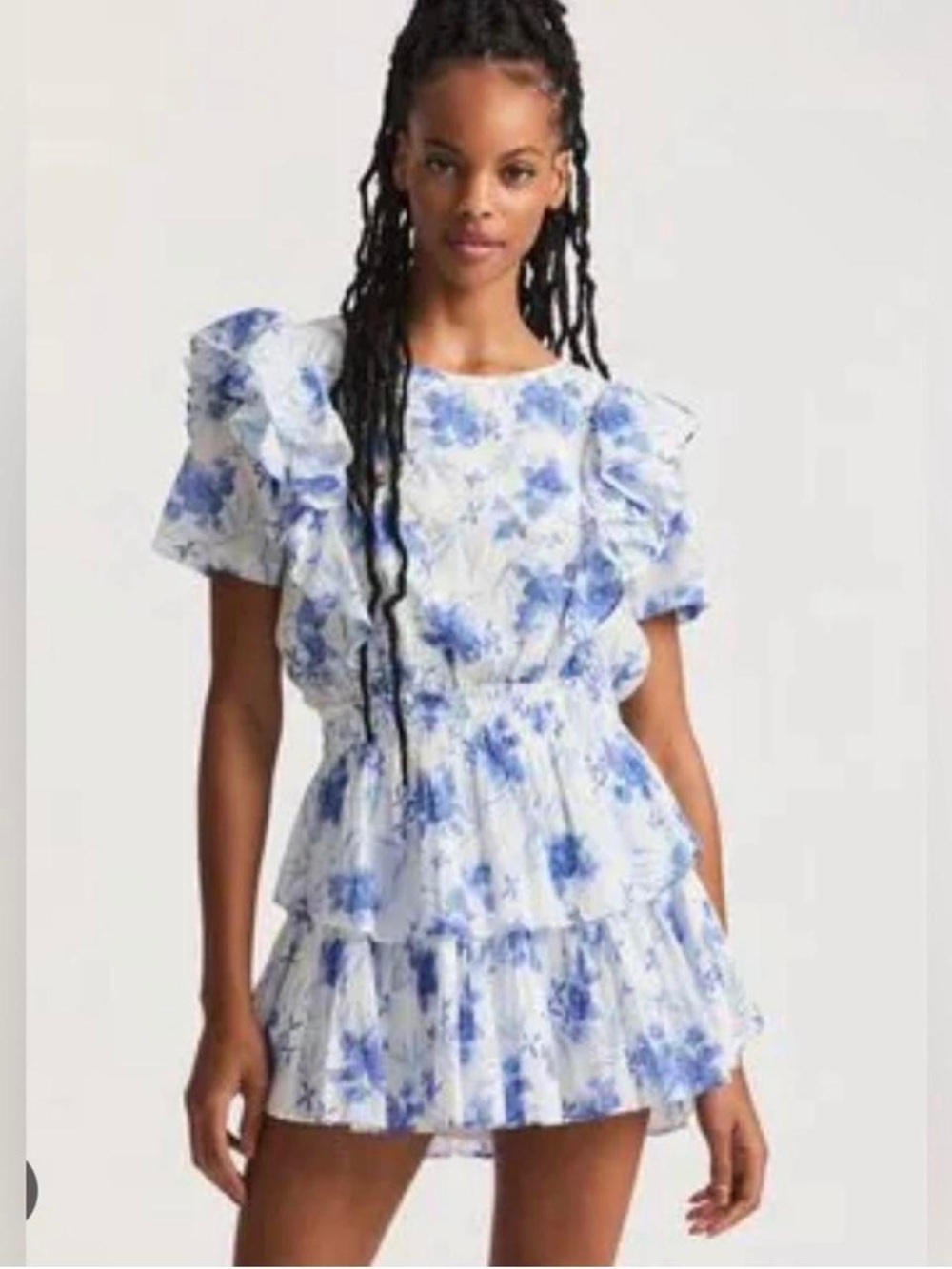 LoveShackFancy White and Blue Floral Ruffle Mini Dress